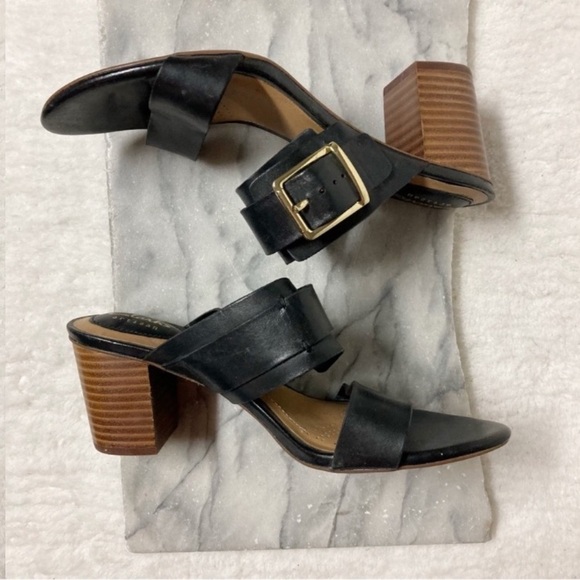 Clarks Artisan Heels Size 7 Leather Double Strap Buckle Sandals Black - Picture 2 of 11